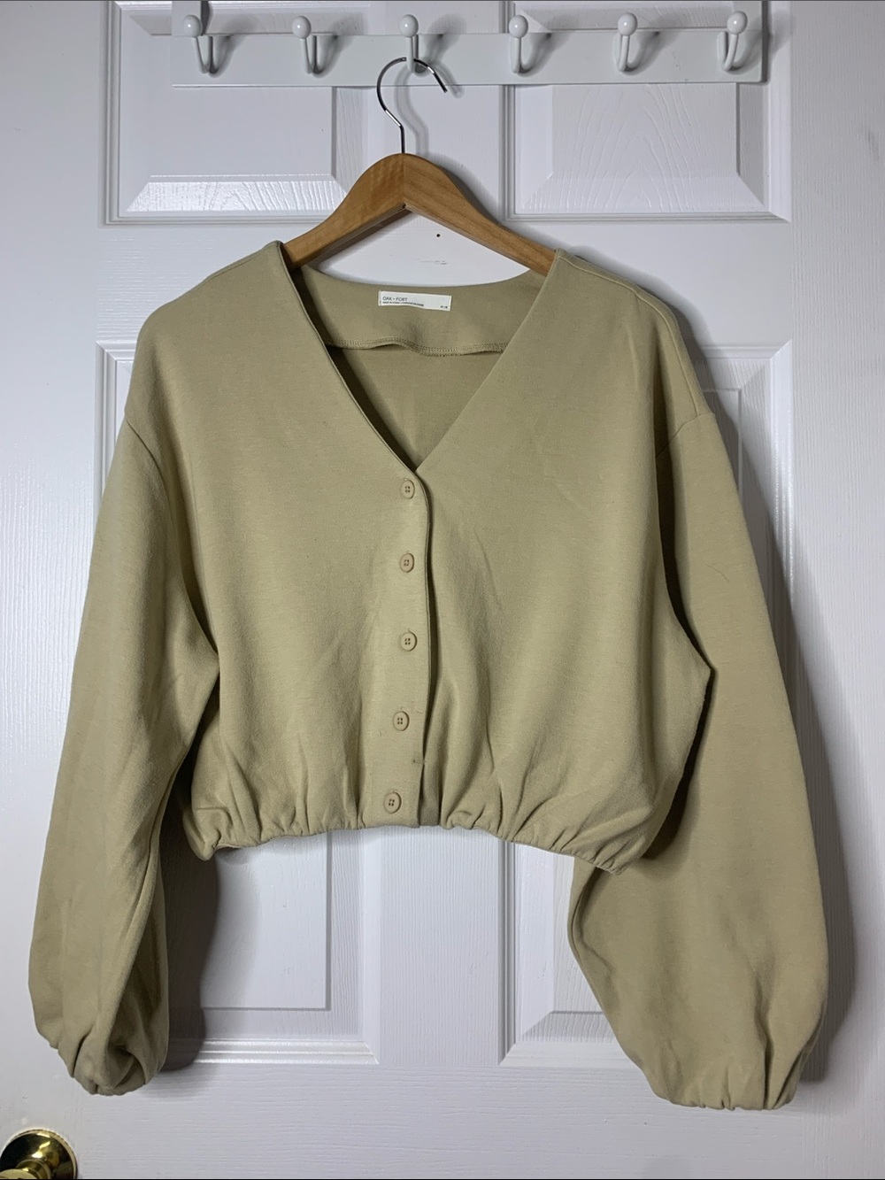 OAK + FORT Cropped Button-Front V-Neck Top in Beige #12